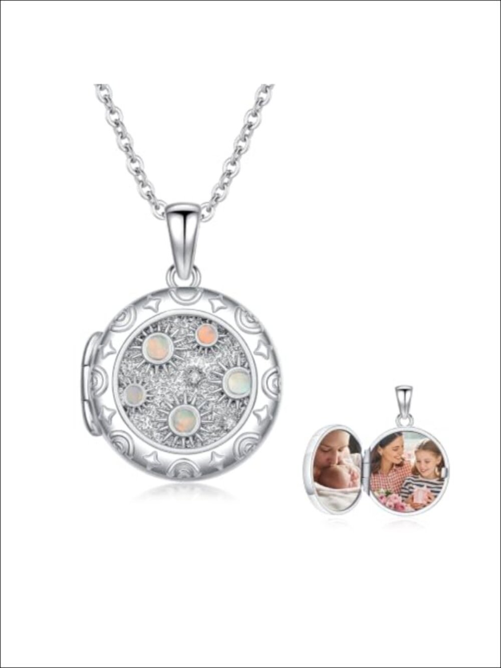 Sun Photo Locket Necklace Opal Pendant Women Memory Keepsake Jewelry Gift